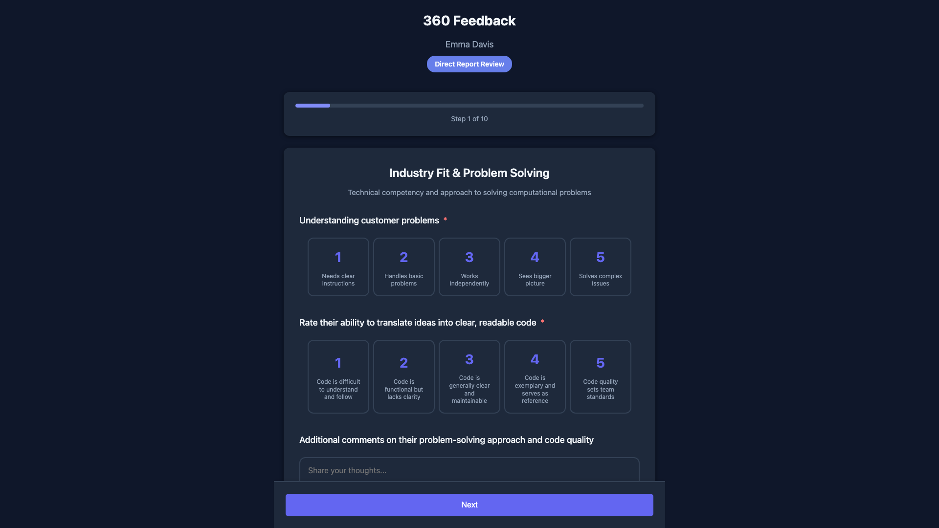 Anonymous employee feedback collection interface with progress tracking - self-hosted platform